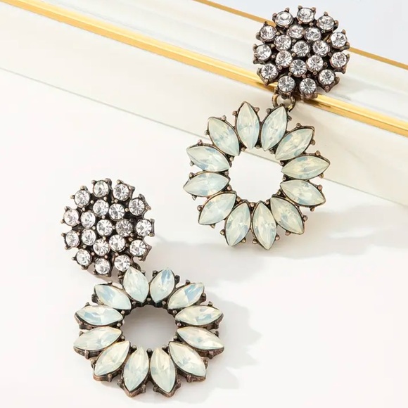 Iridescent, Opalescent Resin Flower Dangle Earrings with Sparkling Rhinestones - Picture 3 of 5